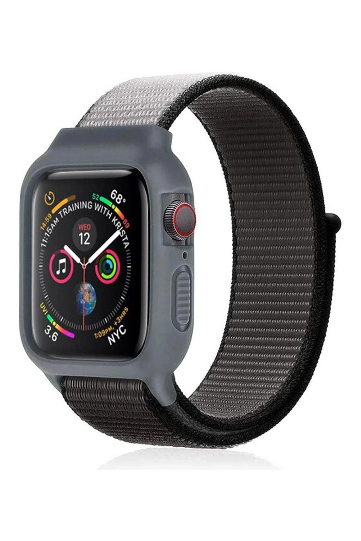 Apple Watch 42mm Hasırlı Cırtcırtlı Kasalı Kordon - Siyah-Gri