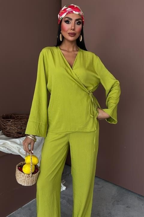Kruvaze Model Klasik Pantolonlu Çupra Keten Takım 10191