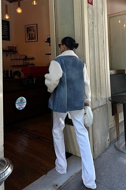 İçi Kürklü Deri Garnili Denim Görünümlü Ceket 6116