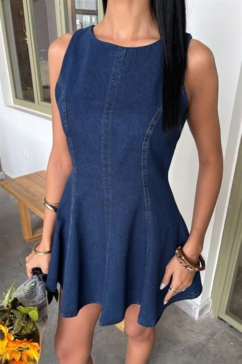 Kolsuz Belden Oturtmalı Denim Elbise 2885