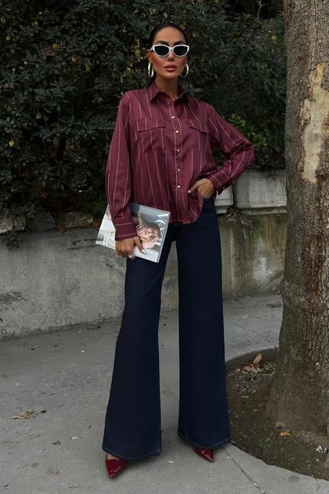 Chanel Saten Premium Çizgili Gömlek 3411