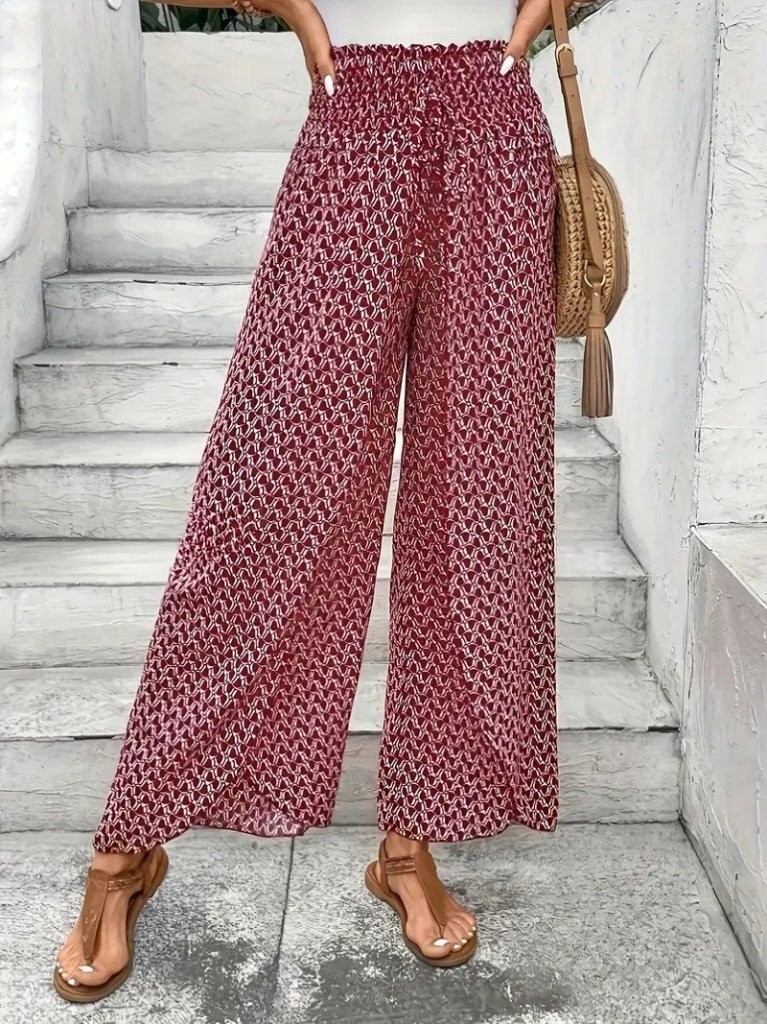 Kadın Yüksek Bel Lastikli önden Iki Parçalı Desenli Bürümcük Pantolon