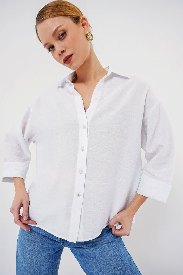 Oversize Kısa Kol Gömlek 20315 - Beyaz