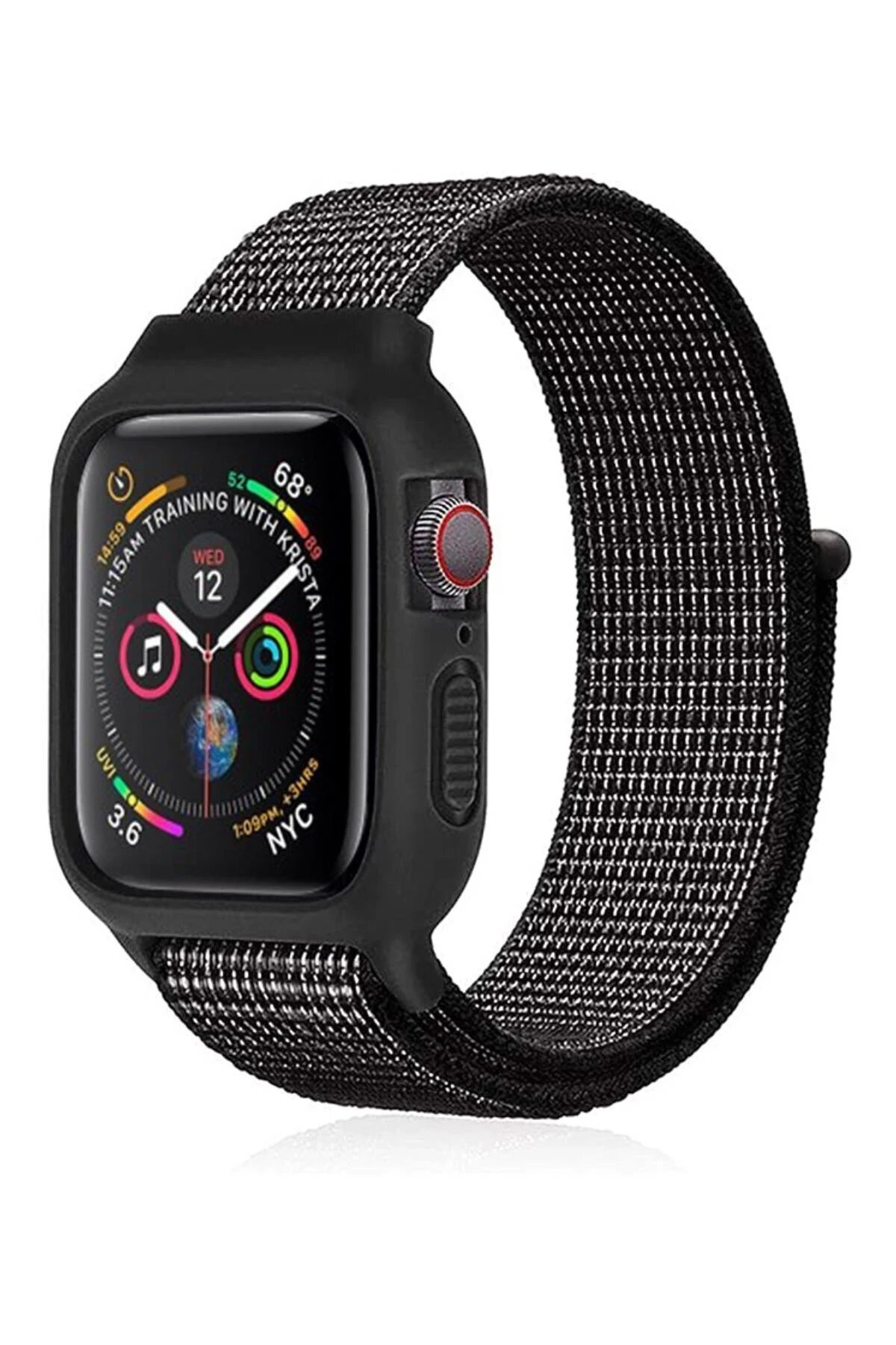 Apple Watch 38mm Hasırlı Cırtcırtlı Kasalı Kordon - Benekli Siyah