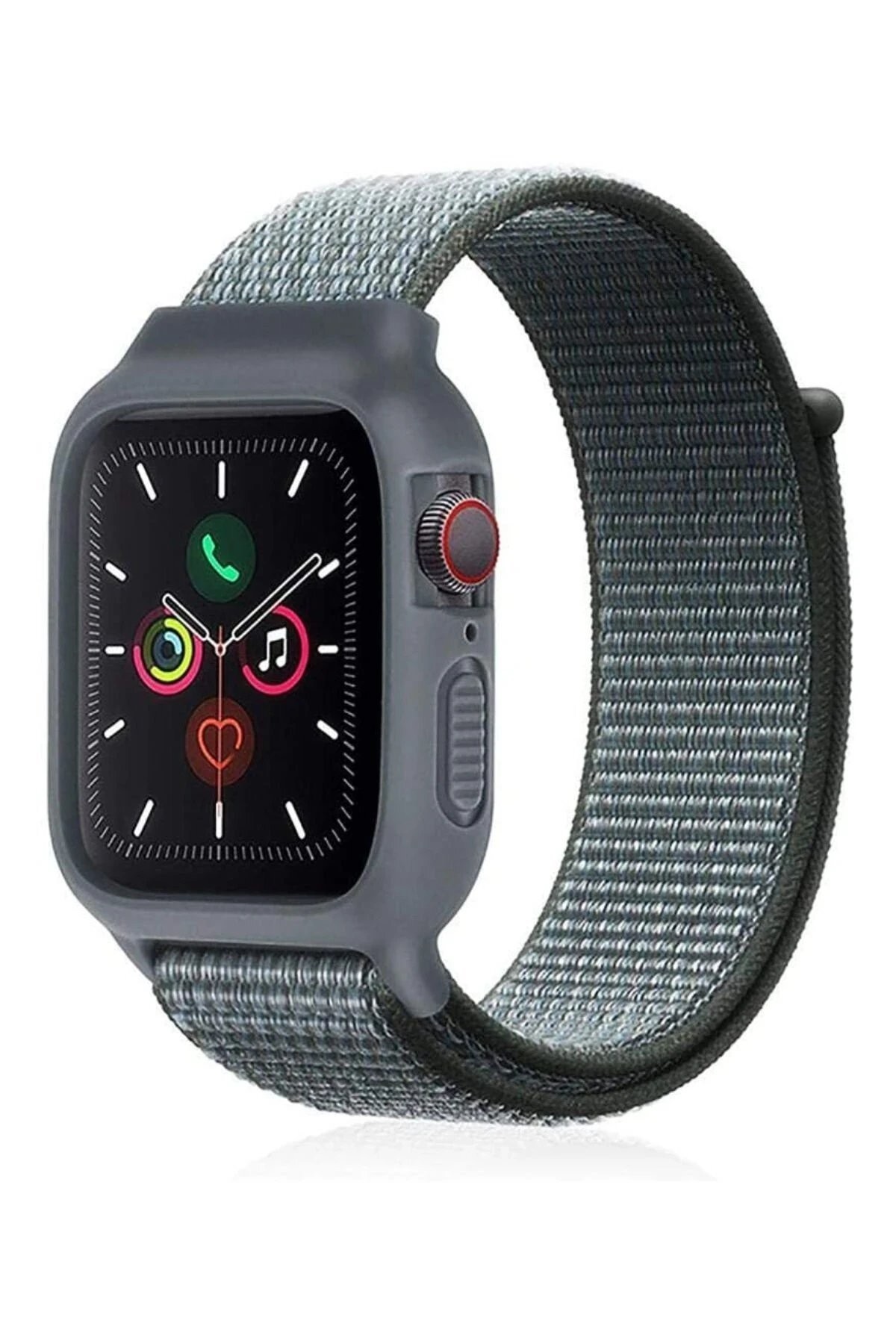 Apple Watch 38mm Hasırlı Cırtcırtlı Kasalı Kordon - Gri-Turkuaz