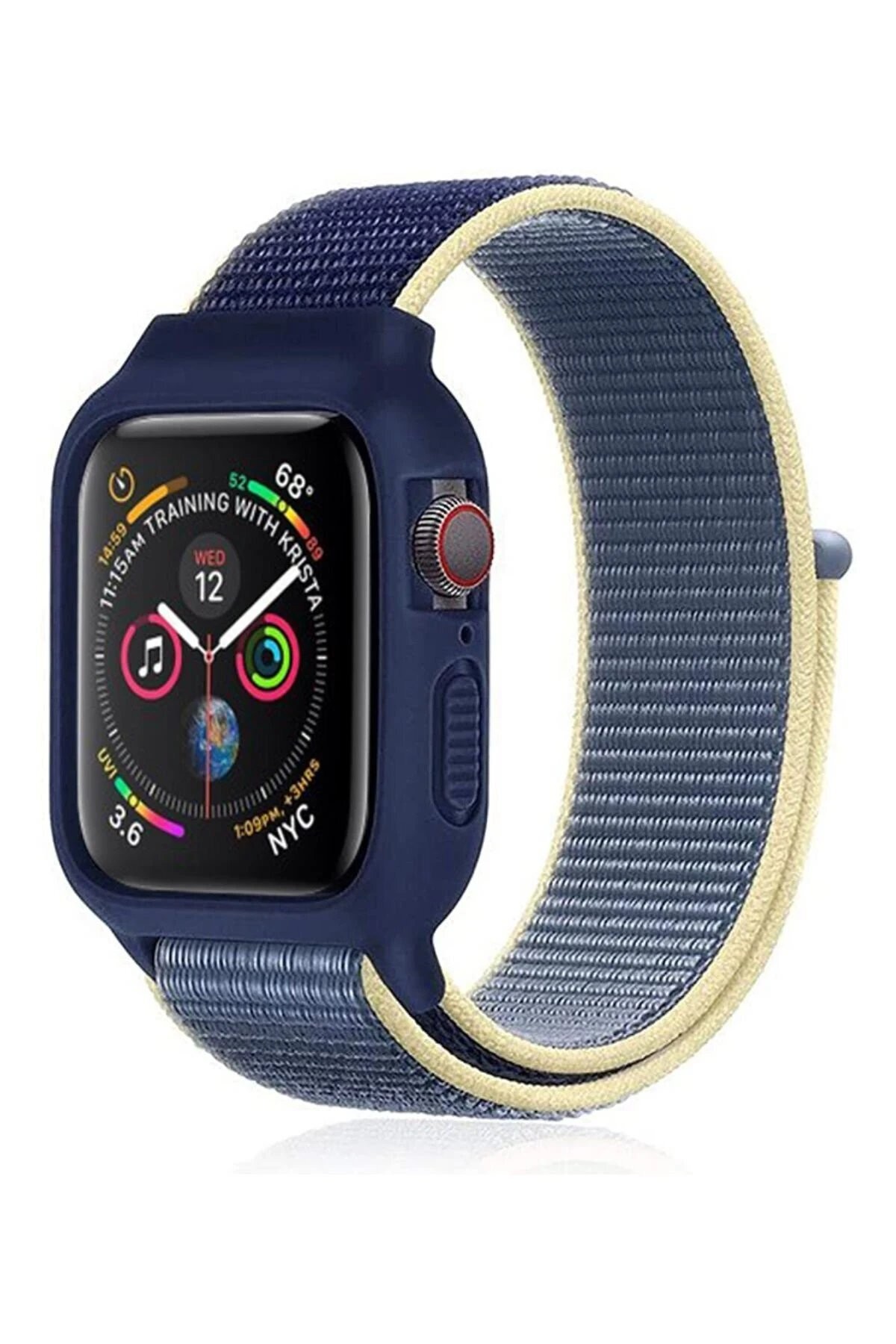 Apple Watch 38mm Hasırlı Cırtcırtlı Kasalı Kordon - Sarı-Lacivert