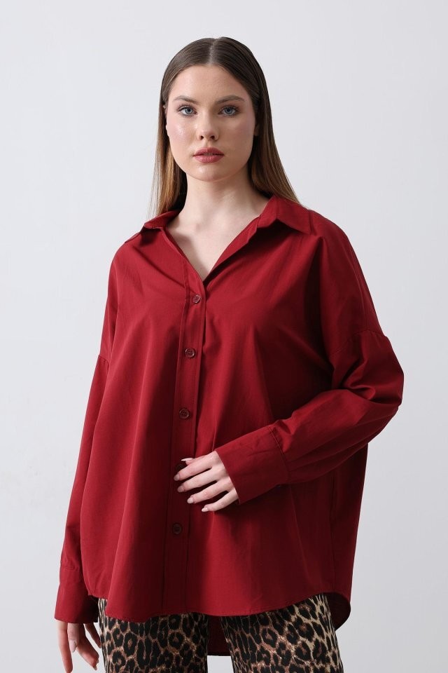 Geniş Manşet Detaylı Gömlek - Bordo