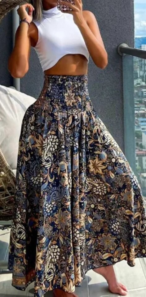 Kadın Yüksek Bel Etnik Desen Baskılı Gipe Detay Pantolon Etek
