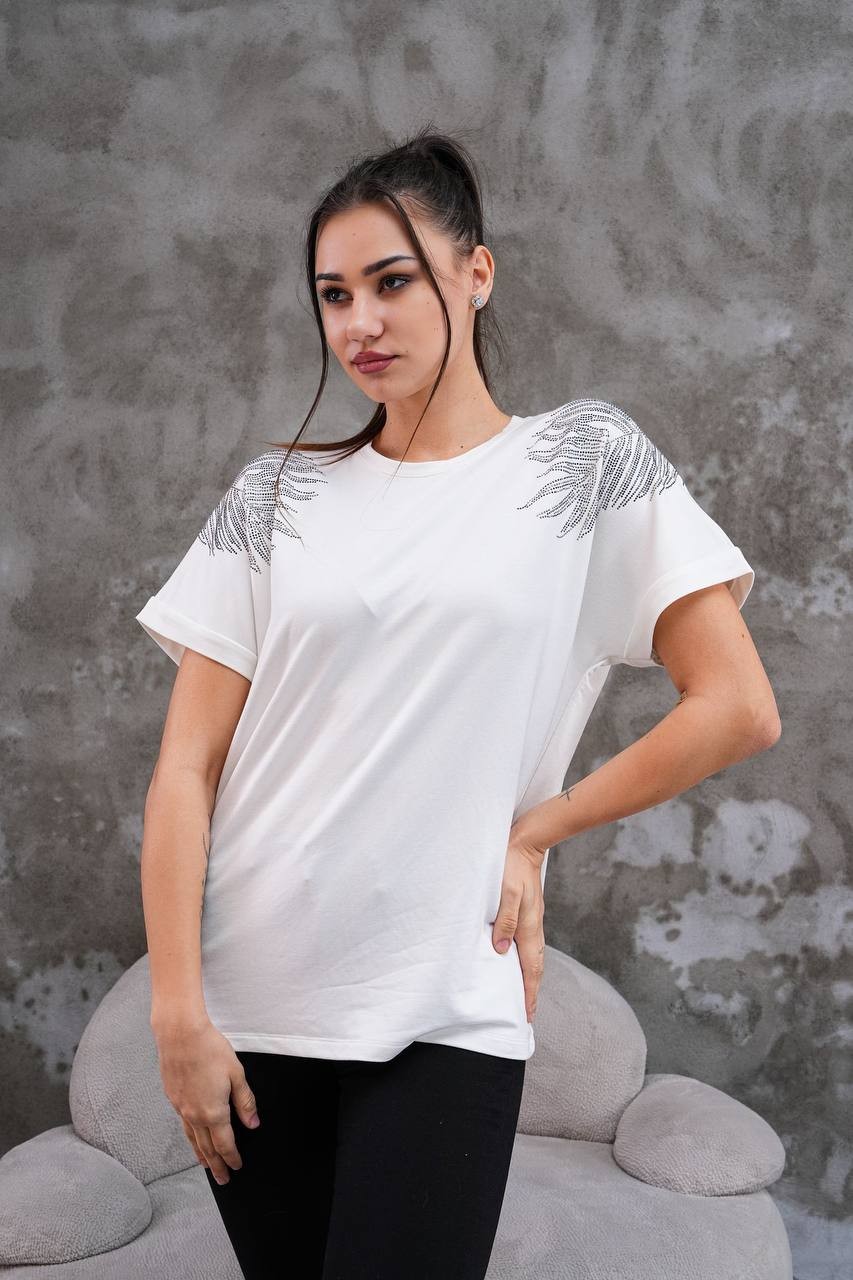 Kadın Taşlı T-Shirt - Beyaz