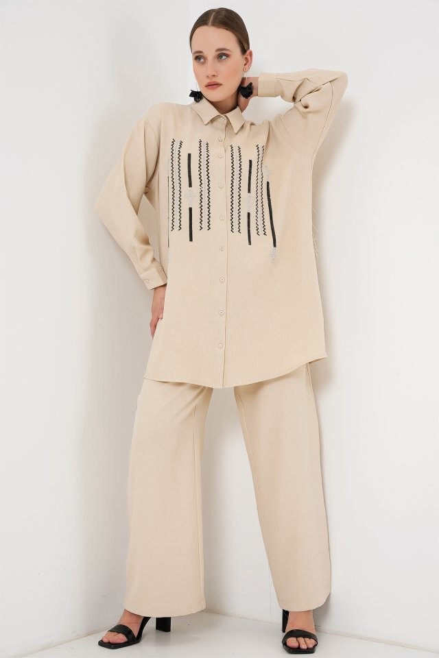 Desenli Tunik Pantolon İkili Takım 6720 - Krem