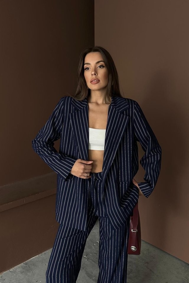 Lacivert Çizgili Ceket Ve Pantolon Takım