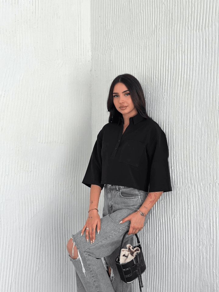 Crop Yakalı Gömlek Üç Çeyrek Sleeve Kol - Siyah