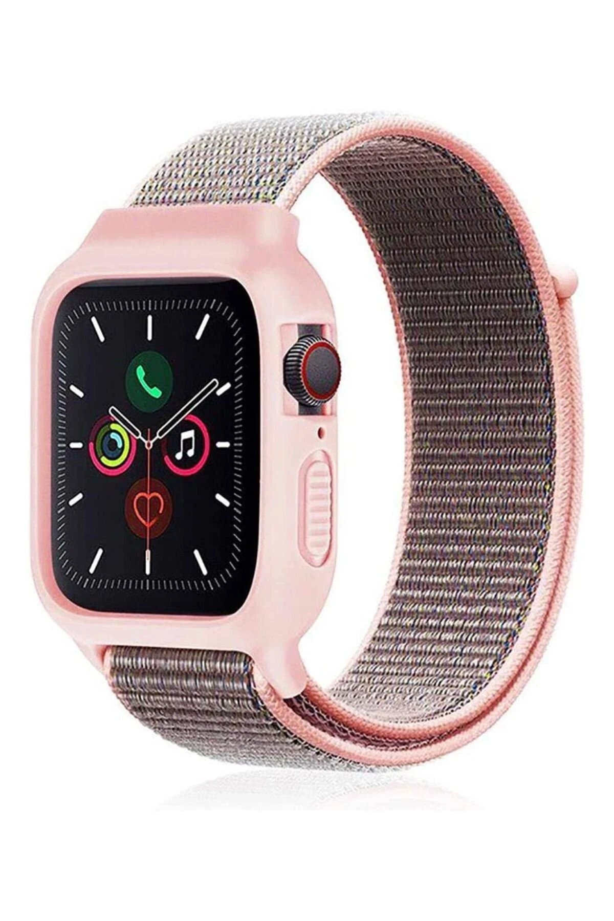 Apple Watch 42mm Hasırlı Cırtcırtlı Kasalı Kordon - Pembe