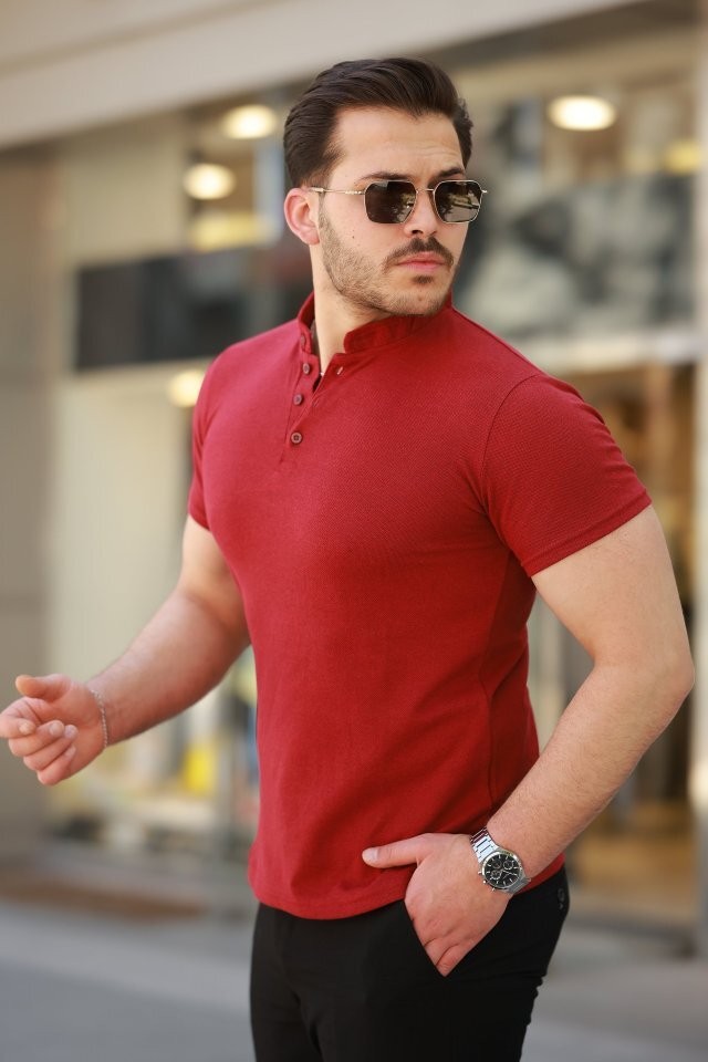 Erkek Hakim Yaka Dokuma Pamuklu Kumaş Kısa Kollu T-shirt