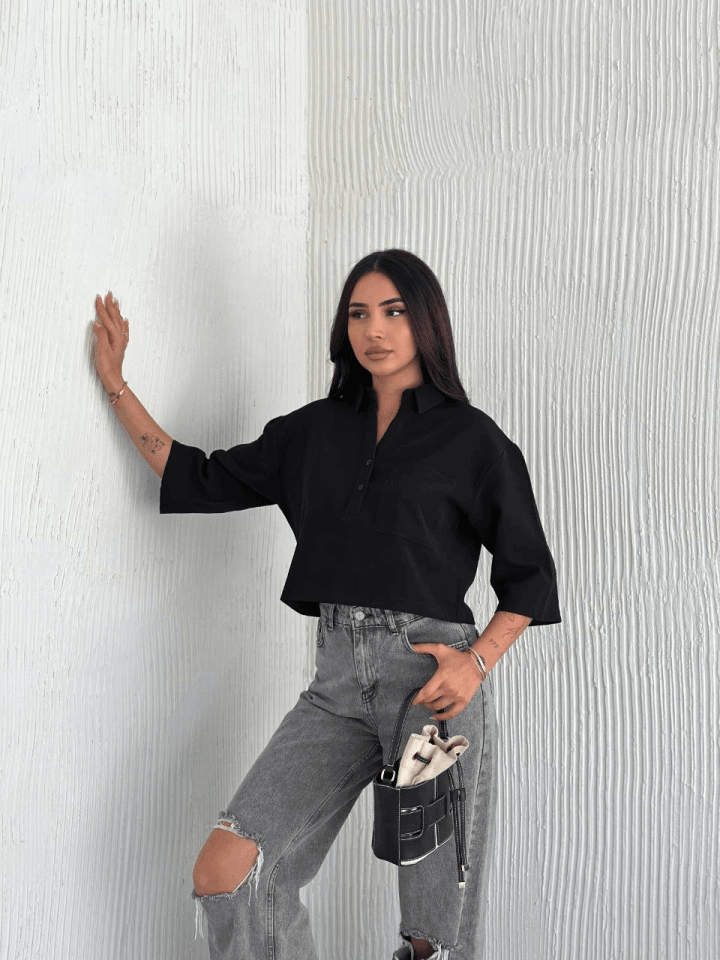 Crop Yakalı Gömlek Üç Çeyrek Sleeve Kol - Siyah