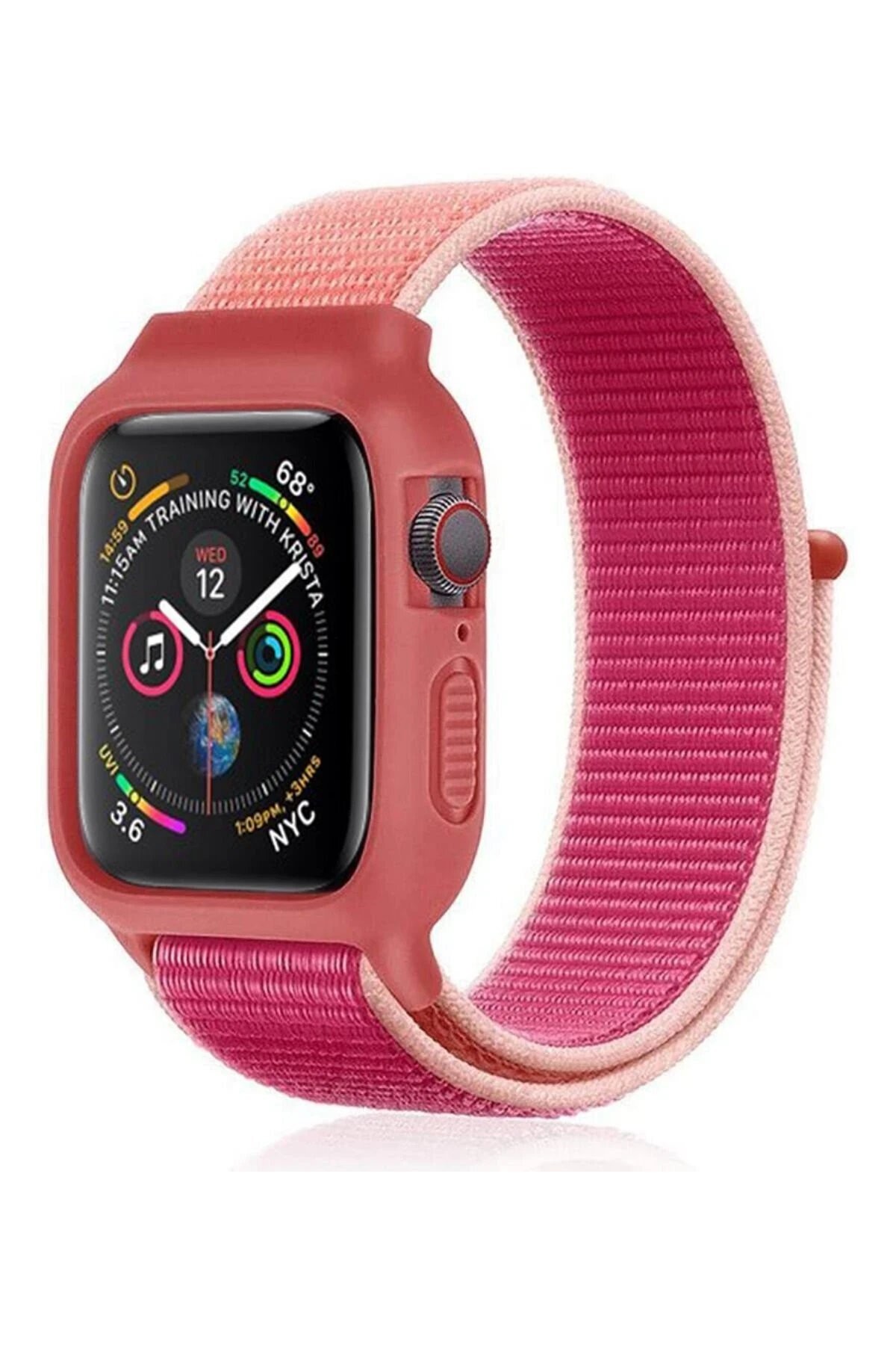Apple Watch 38mm Hasırlı Cırtcırtlı Kasalı Kordon - Pudra