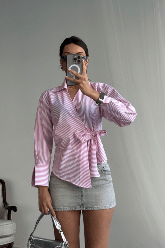 ÇİZGİLİ POPLİN KRUVAZE BAĞLAMALI GÖMLEK - Pembe