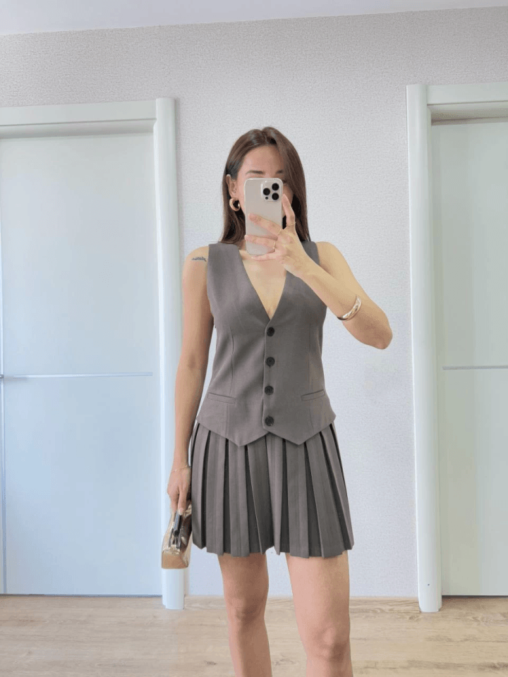 Takım Görünümlu Yelekli Mini Elbise- Füme