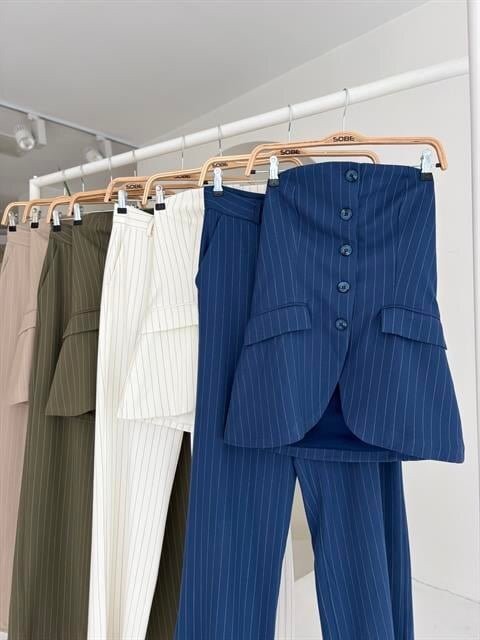 Straplez Büstiyerli Plazzo Pantolonlu Çizgili Takım 10151