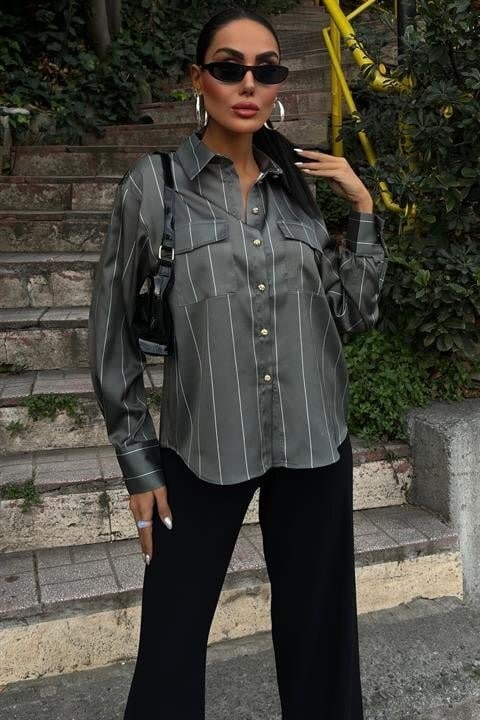 Chanel Saten Premium Çizgili Gömlek 3411