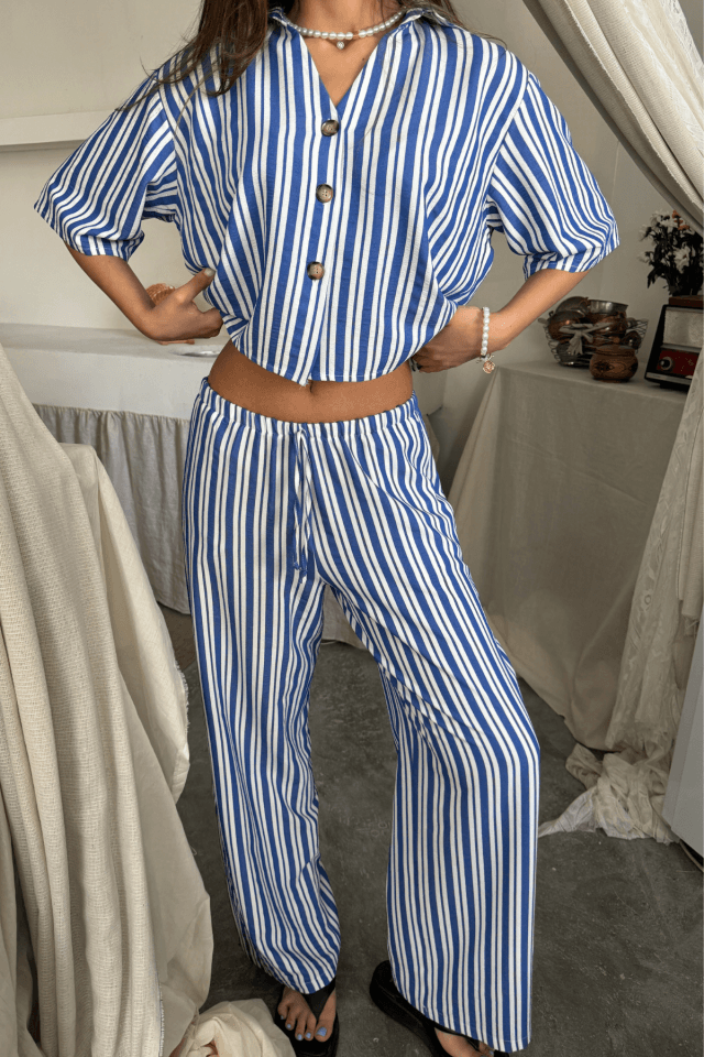 ÇİZGİLİ CROP GÖMLEK - SALAŞ PANTOLON TAKIM MODAL - Mavi
