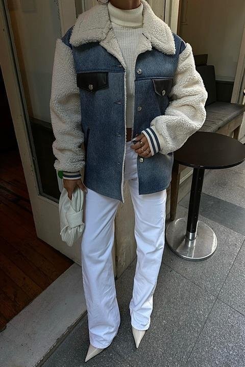 İçi Kürklü Deri Garnili Denim Görünümlü Ceket 6116