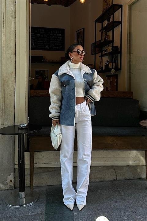 İçi Kürklü Deri Garnili Denim Görünümlü Ceket 6116