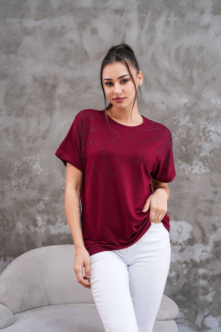 Kadın Nakışlı T-Shirt - Bordo