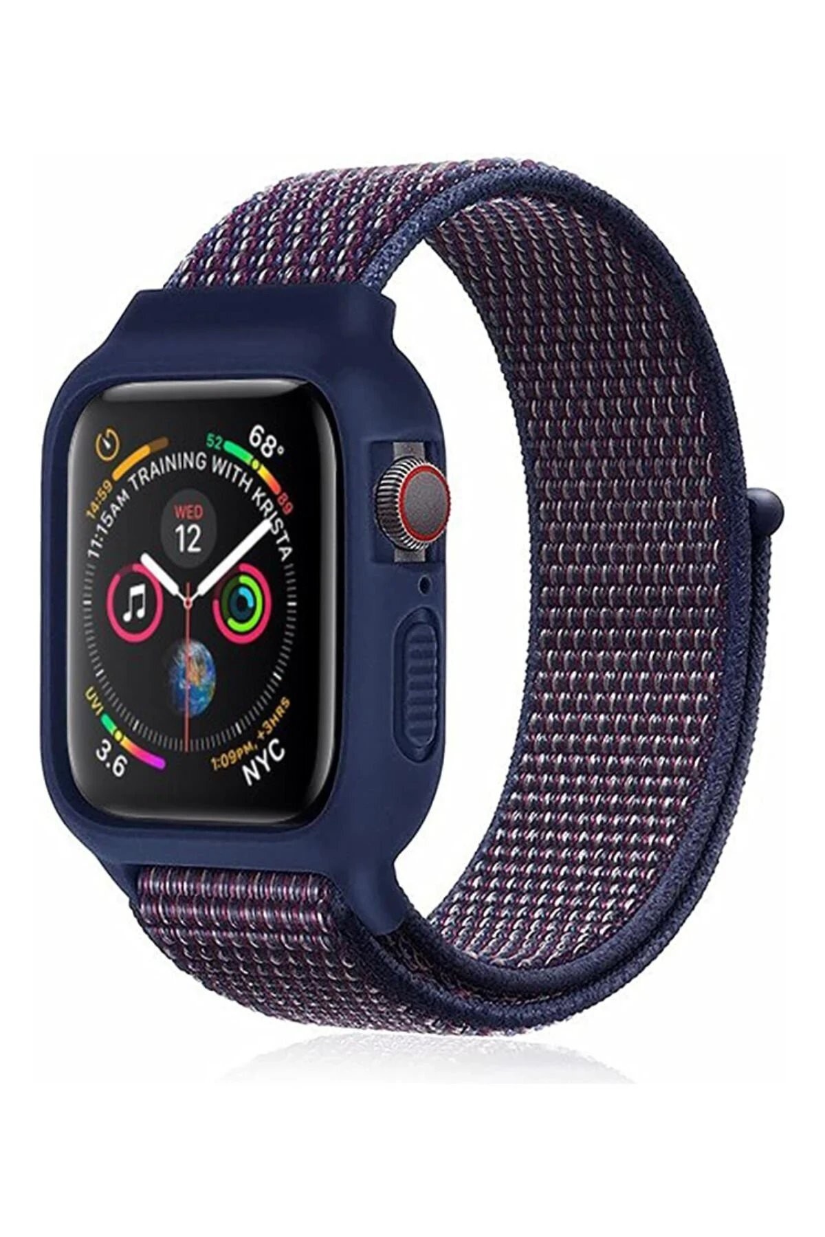 Apple Watch 38mm Hasırlı Cırtcırtlı Kasalı Kordon - Lacivert-Mürdüm