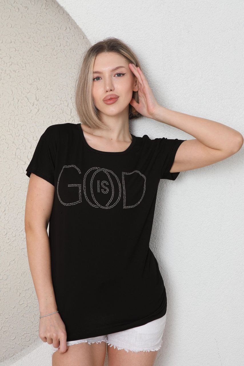 Kadın Taşlı T-shirt - Siyah