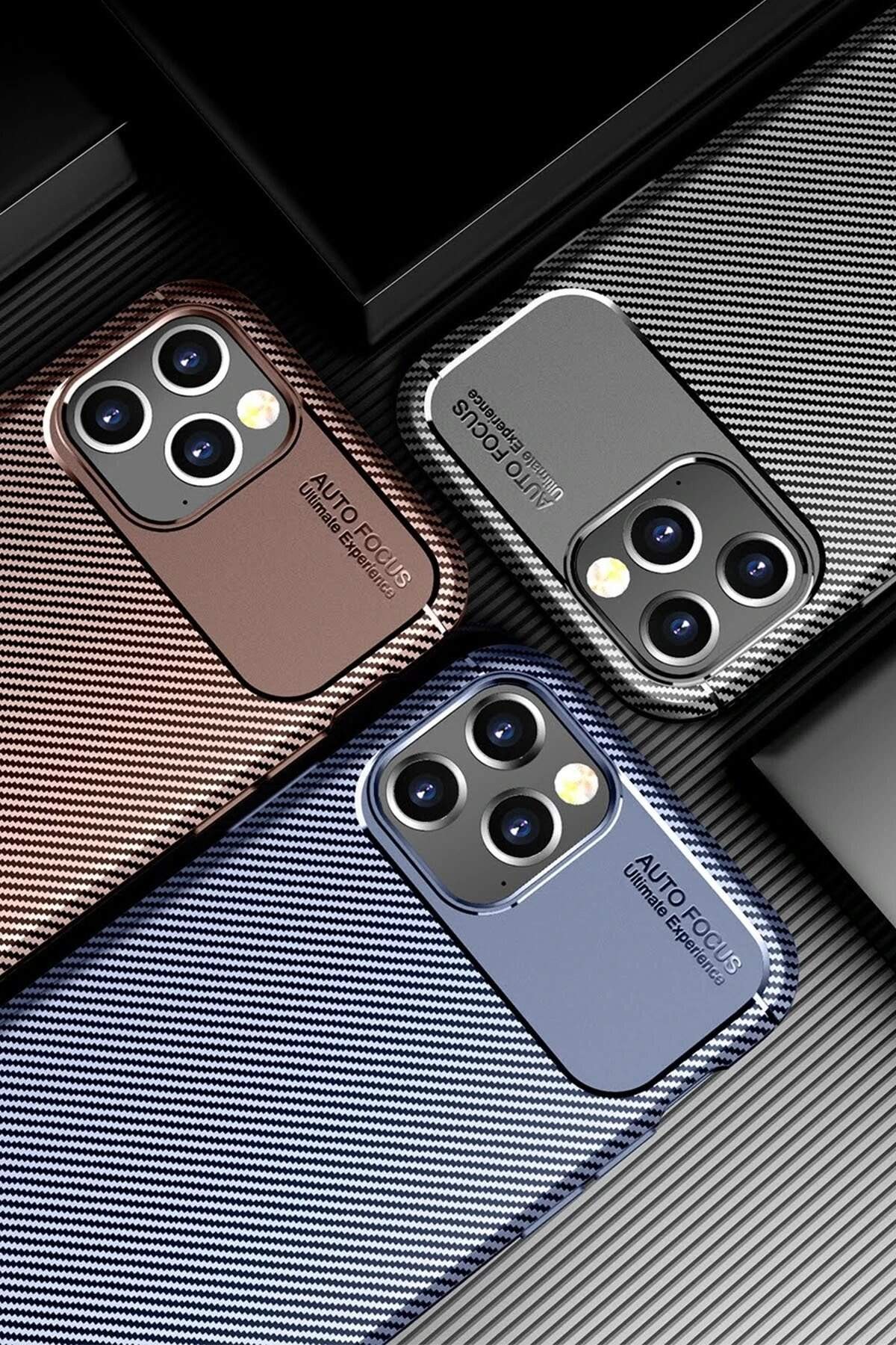 iPhone 12 Pro Max Kılıf Auto Focus Karbon Kapak - Kahverengi