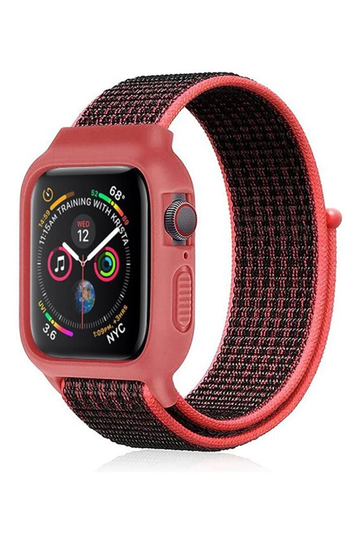 Apple Watch 38mm Hasırlı Cırtcırtlı Kasalı Kordon - Siyah-Pembe