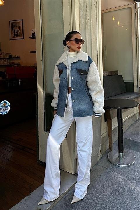 İçi Kürklü Deri Garnili Denim Görünümlü Ceket 6116