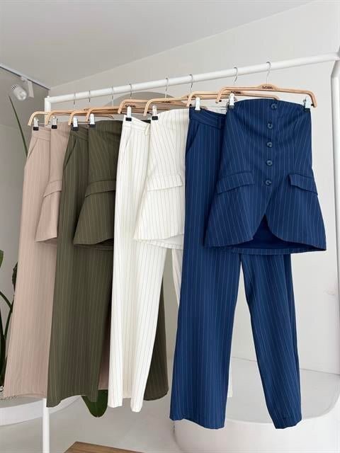Straplez Büstiyerli Plazzo Pantolonlu Çizgili Takım 10151