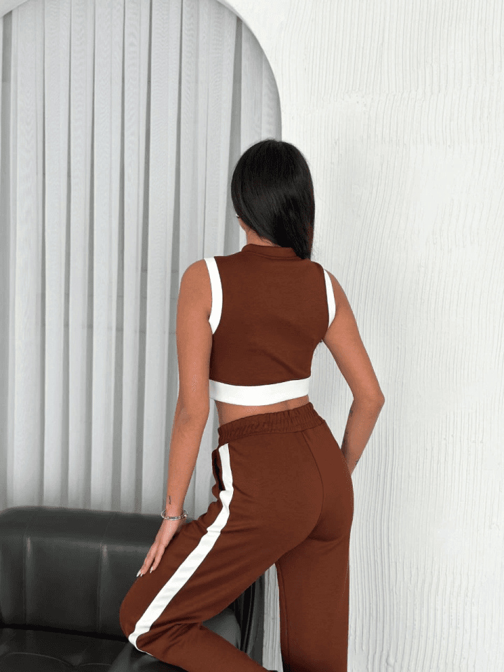 Osy Modal Yumuşak Dokulu Kumaş Tam Fermuarlı Crop Pantalon İkili Takım - Kahverengi