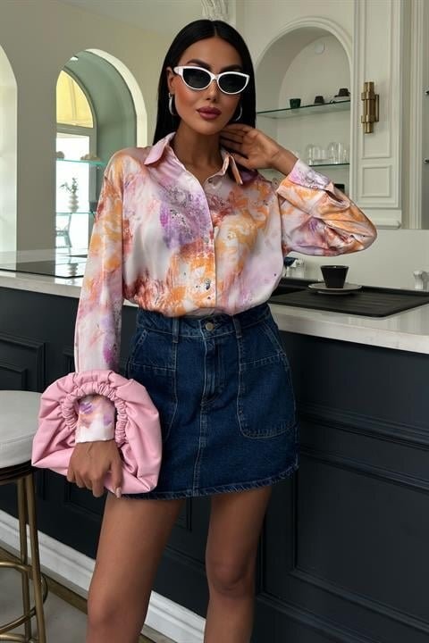 Batik Desenli Saten Gömlek 3409