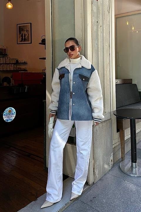 İçi Kürklü Deri Garnili Denim Görünümlü Ceket 6116