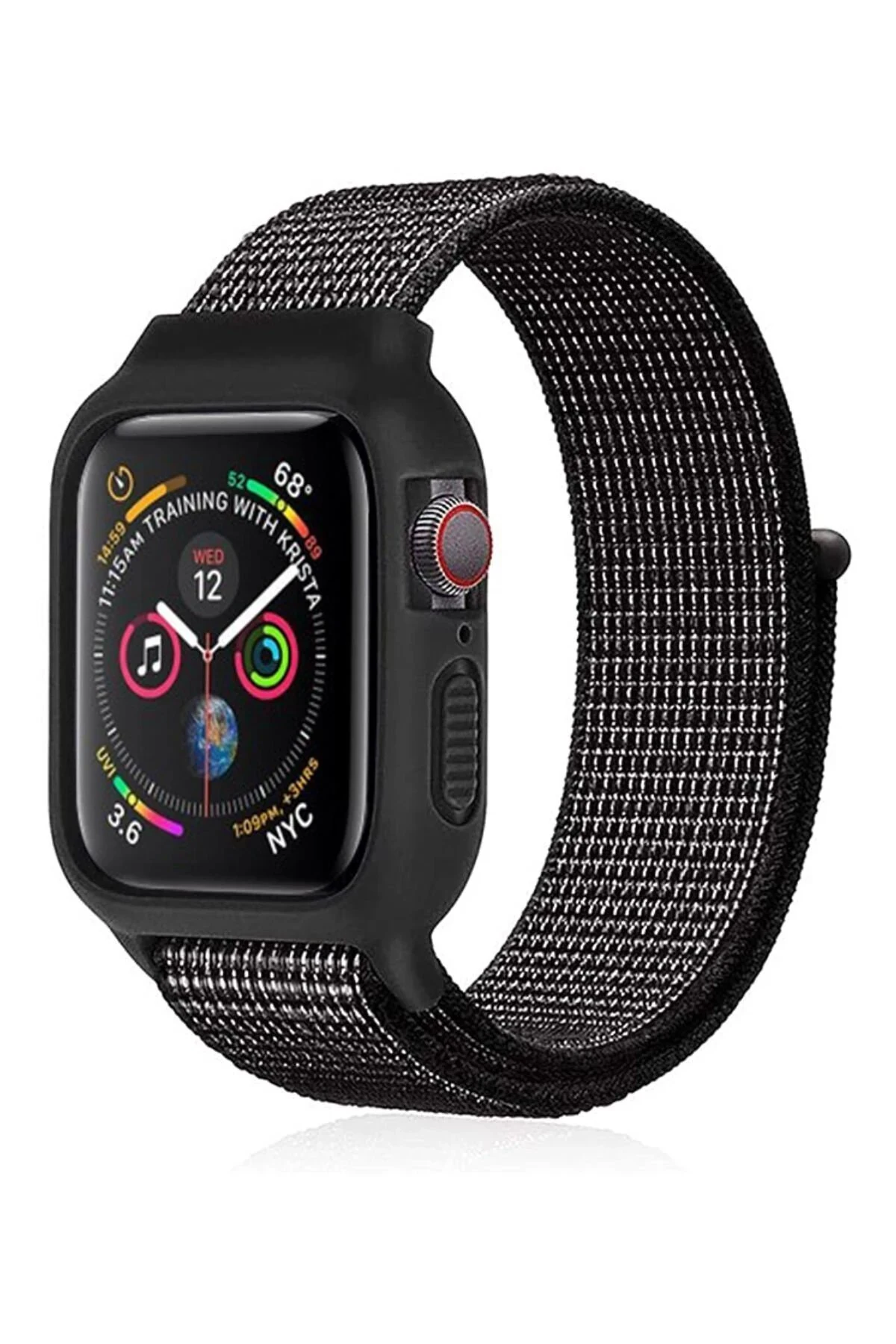 Apple Watch 42mm Hasırlı Cırtcırtlı Kasalı Kordon - Benekli Siyah