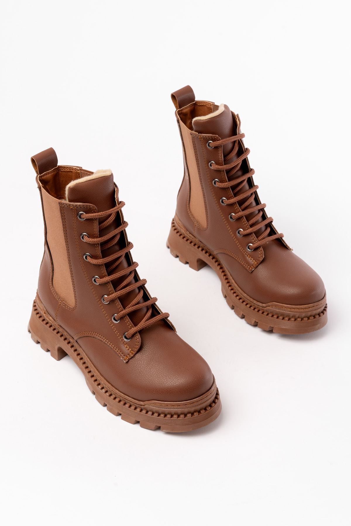 2051-298 Taba Düz Topuklu Bağcıklı Lastikli Günlük Kadın Bot