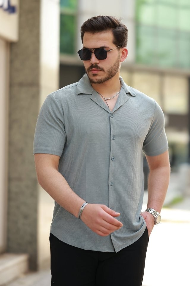 Erkek Apaç Yaka örme Kumaş Kısa Kollu Gömlek