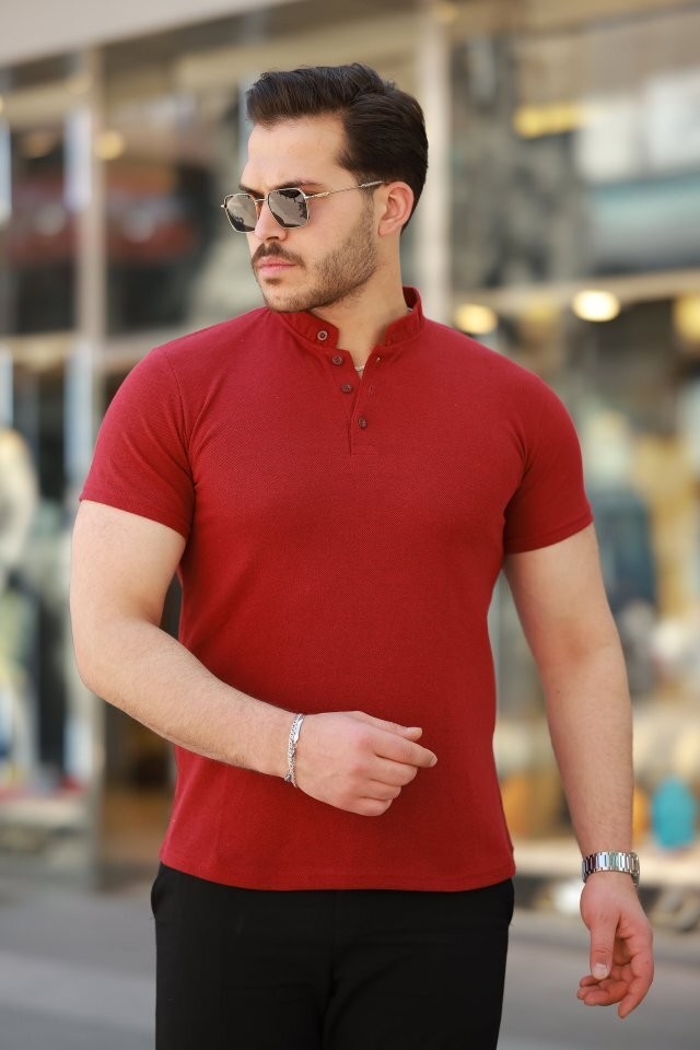 Erkek Hakim Yaka Dokuma Pamuklu Kumaş Kısa Kollu T-shirt