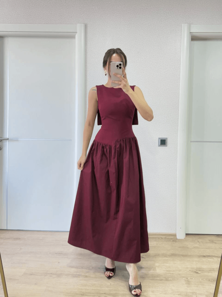 Arkası Kanatlı Uzun Elbise- Bordo