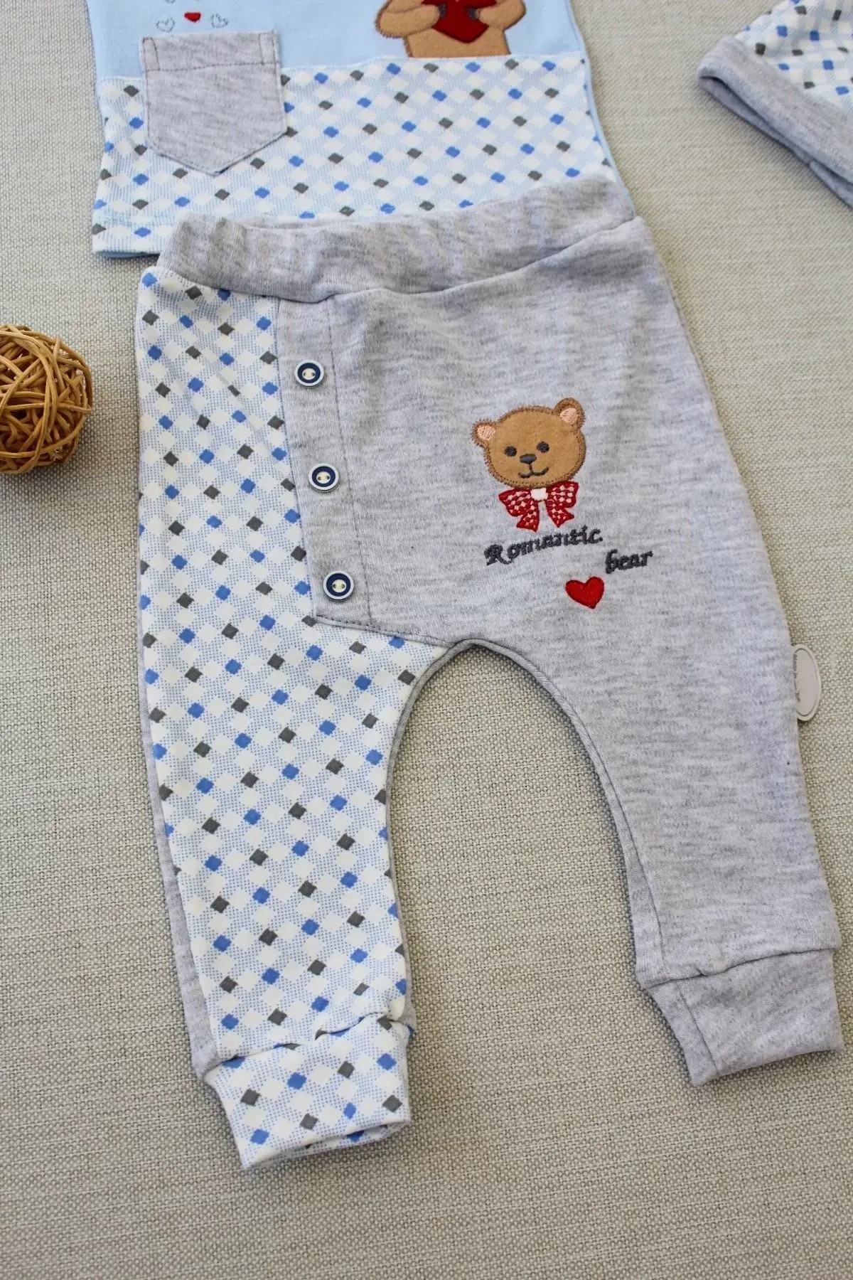 3-6 9-12 12-18 Ay Romantik Ayıcık Nakışlı Şapkalı Uzun Kollu Sweatli 3lü Kız-erkek Bebek Takımı