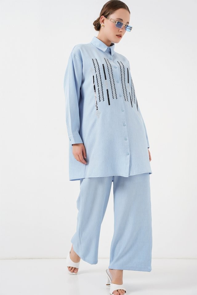 Desenli Tunik Pantolon İkili Takım 6720 - Mavi