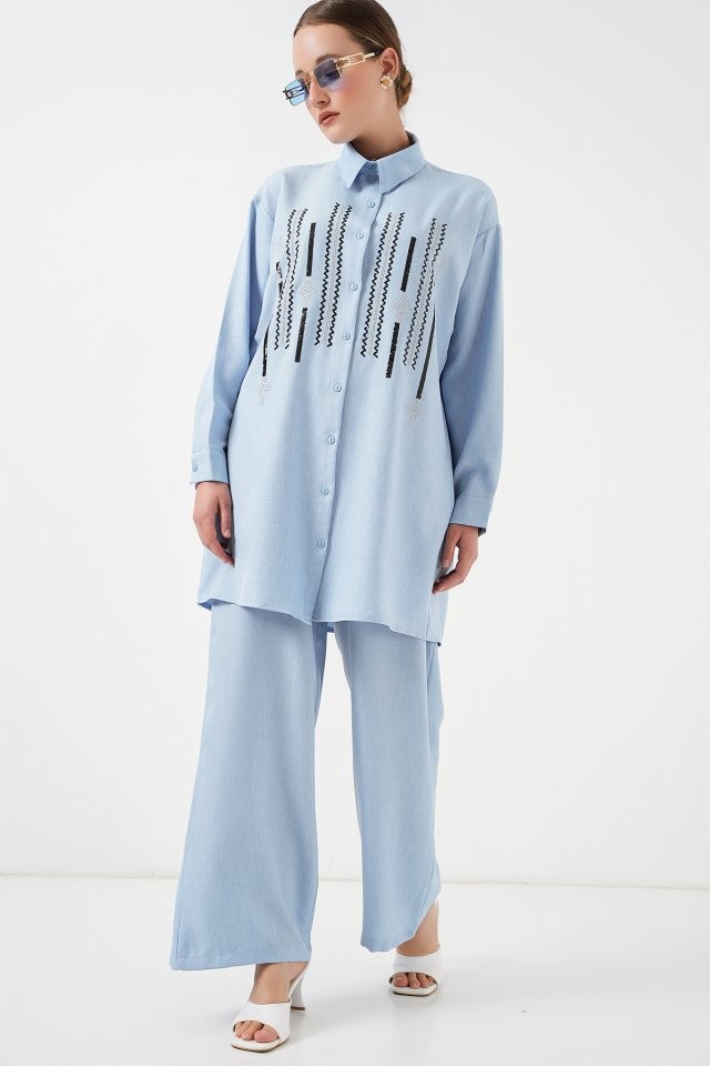 Desenli Tunik Pantolon İkili Takım 6720 - Mavi