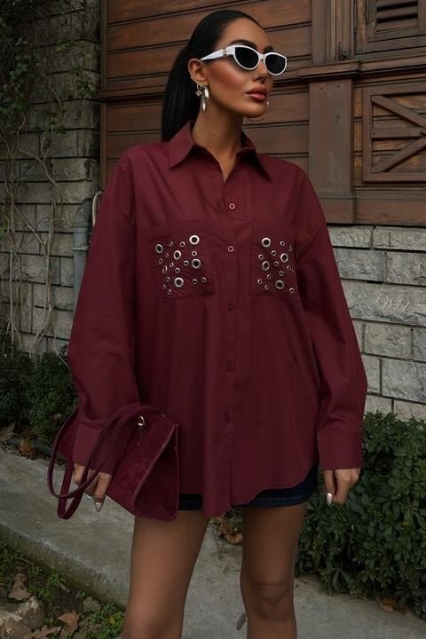 Metal Kuşgözü Detaylı Poplin Gömlek 3453