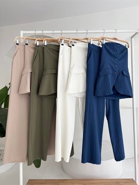 Straplez Büstiyerli Plazzo Pantolonlu Çizgili Takım 10151