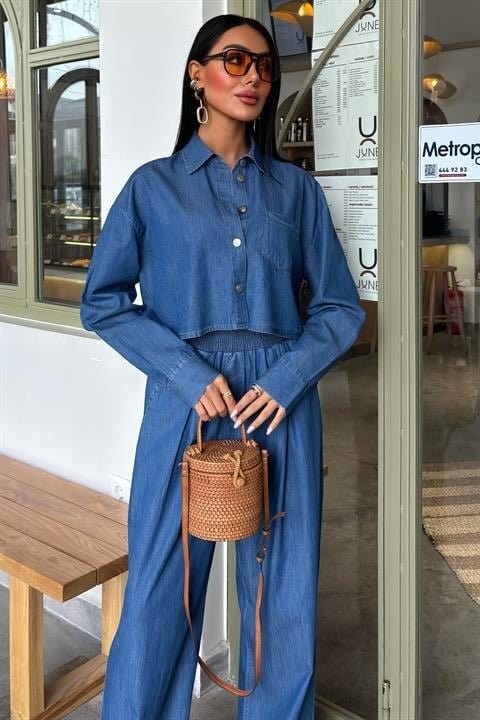Denim Gömlek Plazzo Pantolon Takım 10163-08