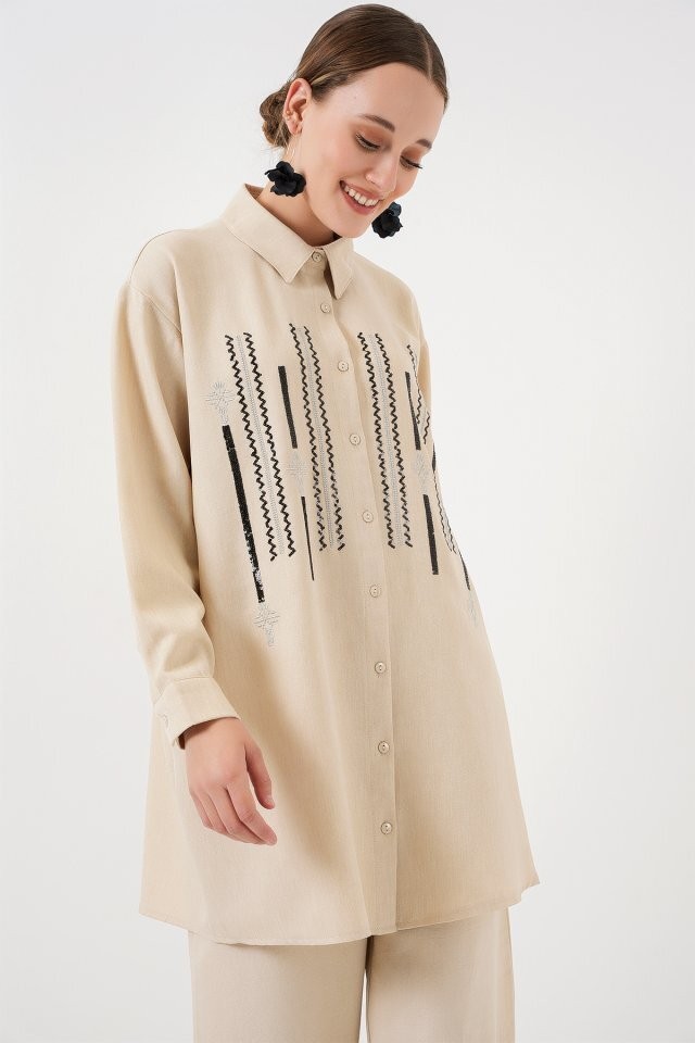 Desenli Tunik Pantolon İkili Takım 6720 - Krem
