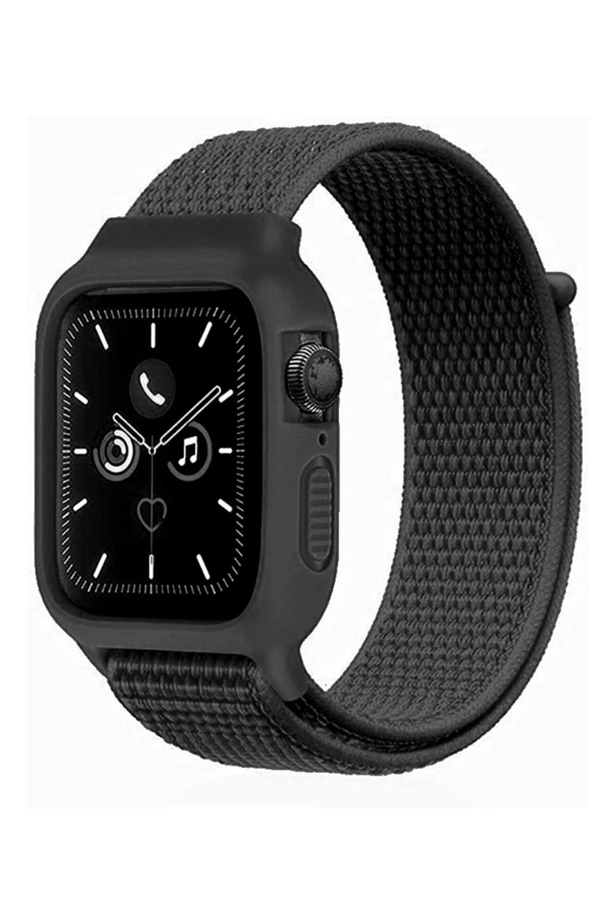 Apple Watch 42mm Hasırlı Cırtcırtlı Kasalı Kordon - Siyah